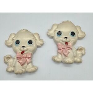 Vintage 1972 Miller Studio Chalkware Puppy Dog Wall Plaque Set White Pink 2pc